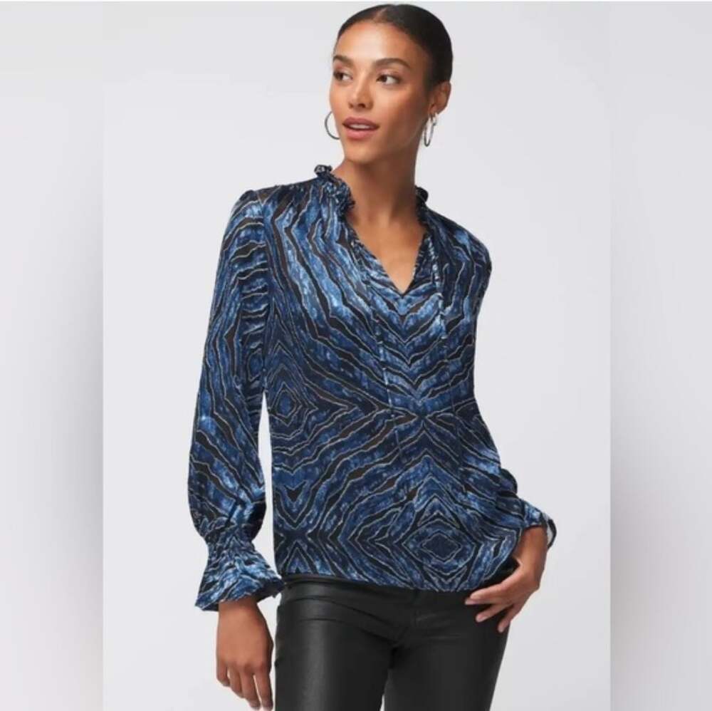 WHBM Long Sleeve Silk Burnout Tie Blouse Blue silk Black Petite Petite s SP